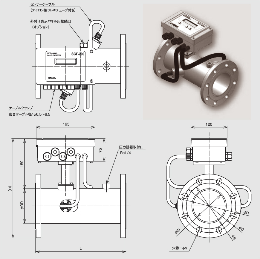 SONIC CORPORATION _ 超音波氣體流量計_ 超音波小型氣體流量計_SGF-200系列　平面尺寸圖