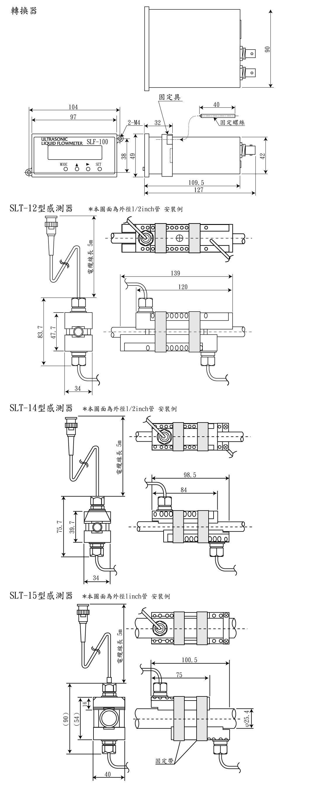 SONIC CORPORATION_ 超音波液體微流量計_ 產品介紹SLF-100 平面尺寸圖