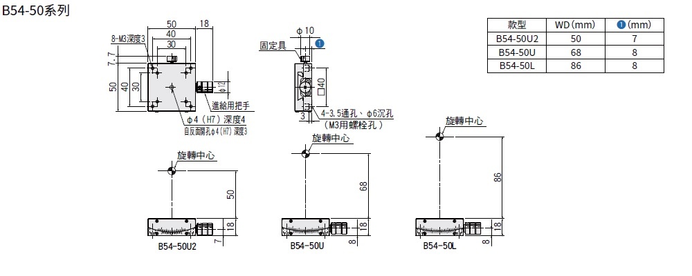 駿河精機 SURUGA SEIKI 手動1軸傾角滑台 B54-50系列 平面尺寸圖