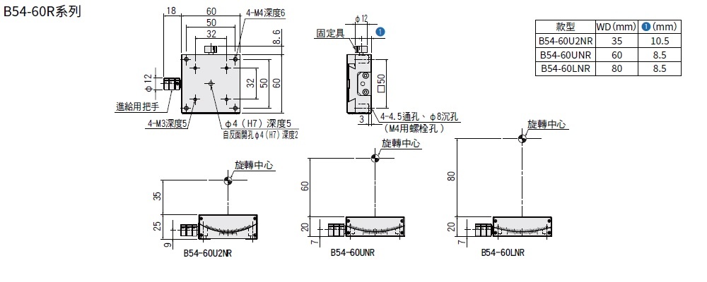 駿河精機 SURUGA SEIKI 手動1軸傾角滑台 B54-60R系列 平面尺寸圖