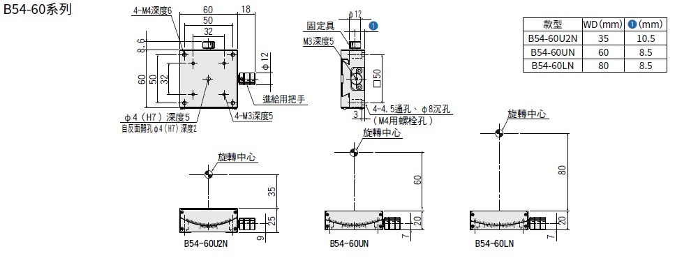 駿河精機 SURUGA SEIKI 手動1軸傾角滑台 B54-60系列 平面尺寸圖