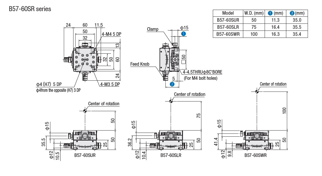 駿河精機 SURUGA SEIKI 手動2 軸傾角滑台 B57-60S系列 平面尺寸圖