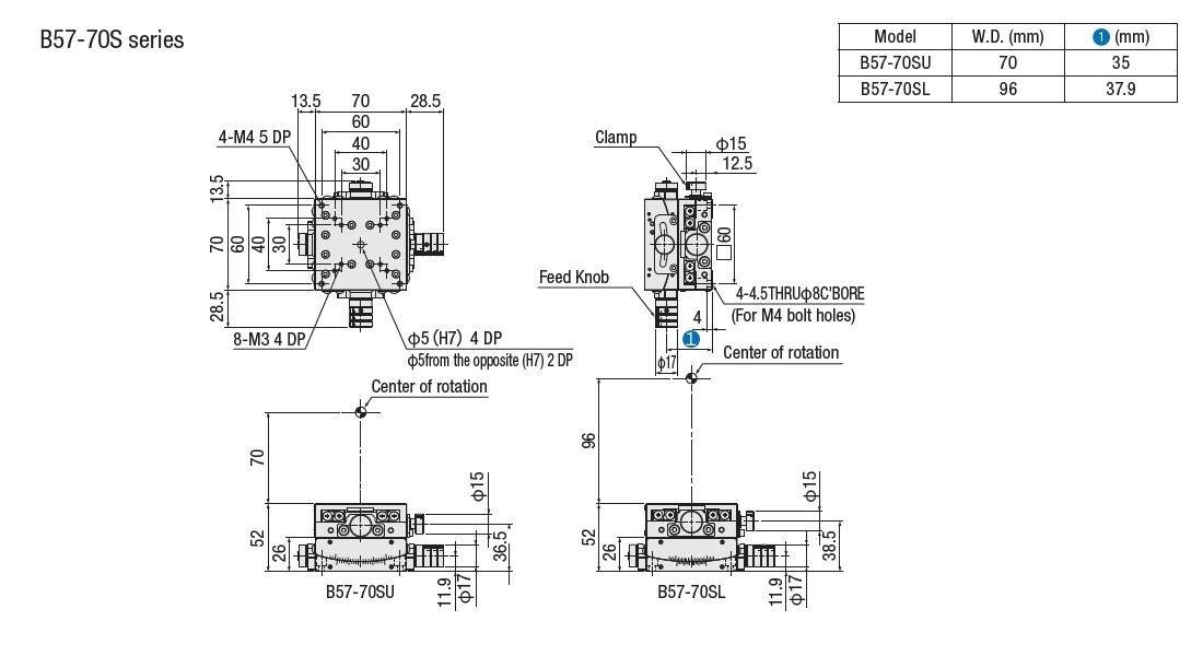 駿河精機 SURUGA SEIKI 手動2 軸傾角滑台 B57-70系列 平面尺寸圖
