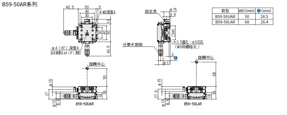 駿河精機 SURUGA SEIKI 手動2 軸傾角滑台 B59-50AR 平面尺寸圖