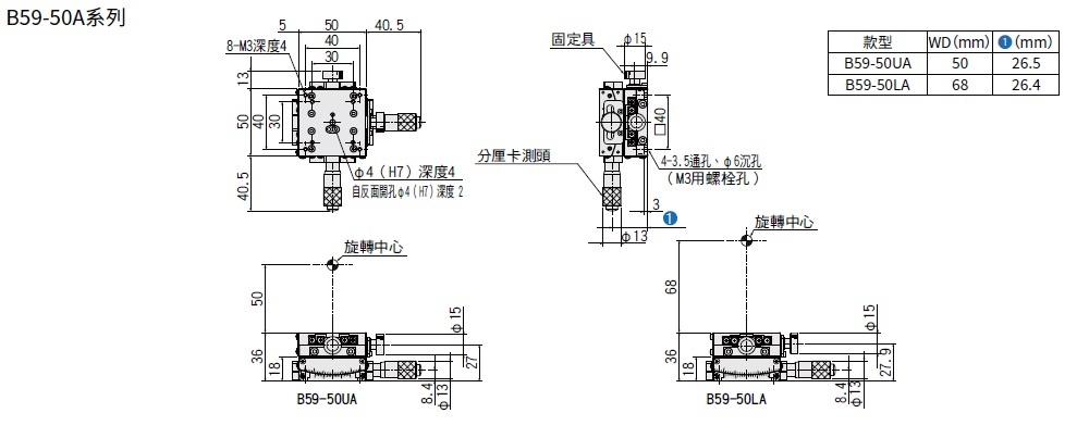 駿河精機 SURUGA SEIKI 手動2 軸傾角滑台 B59-50A 平面尺寸圖