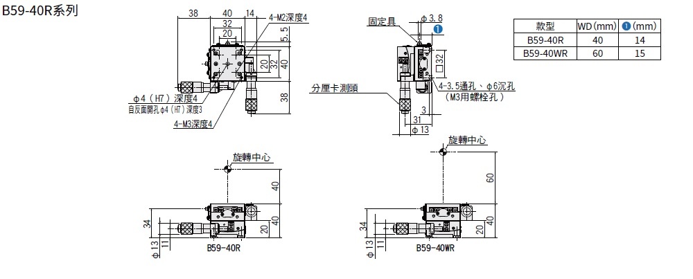 駿河精機 SURUGA SEIKI 手動2 軸傾角滑台 B59-40R 平面尺寸圖