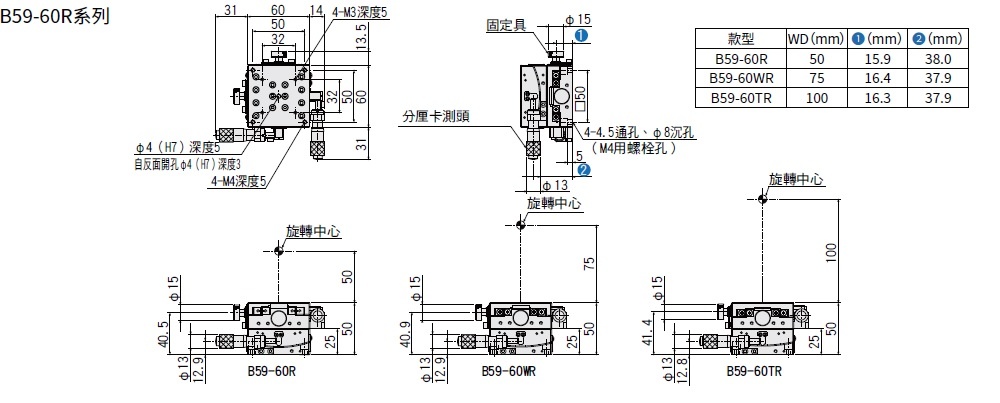 駿河精機 SURUGA SEIKI 手動2 軸傾角滑台 B59-60R 平面尺寸圖