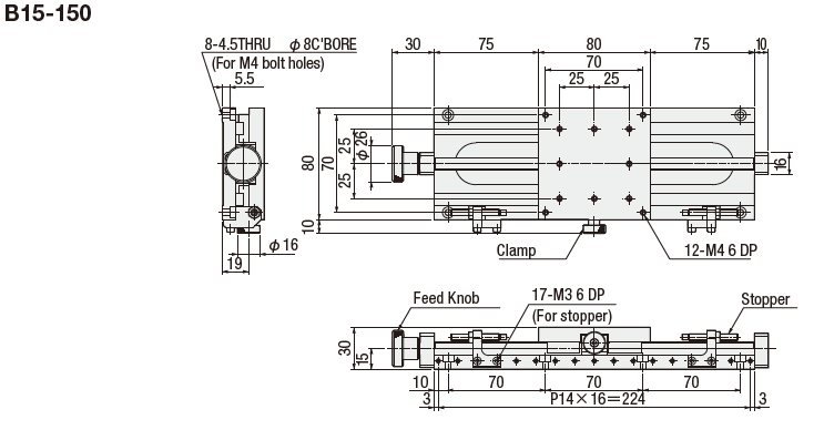 駿河精機 SURUGA SEIKI 手動直動X軸 B15系列 平面尺寸圖 B15-150