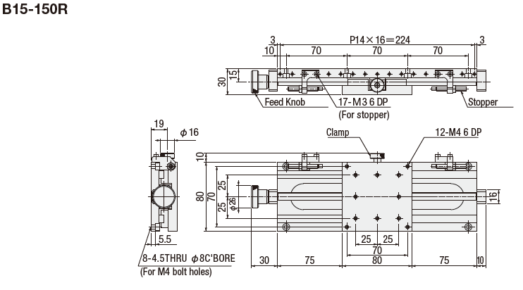 駿河精機 SURUGA SEIKI 手動直動X軸 B15系列 平面尺寸圖 B15-150R