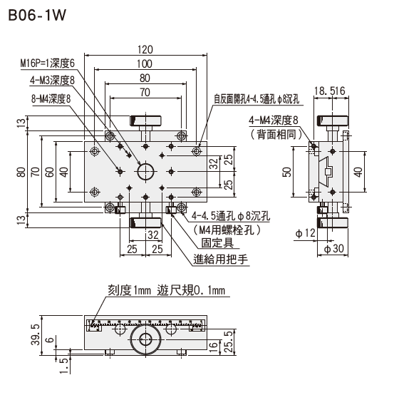 駿河精機 SURUGA SEIKI手動直動X軸平面尺寸圖 B06-1W