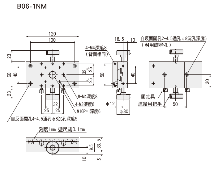 駿河精機 SURUGA SEIKI手動直動X軸平面尺寸圖 B06-1NM