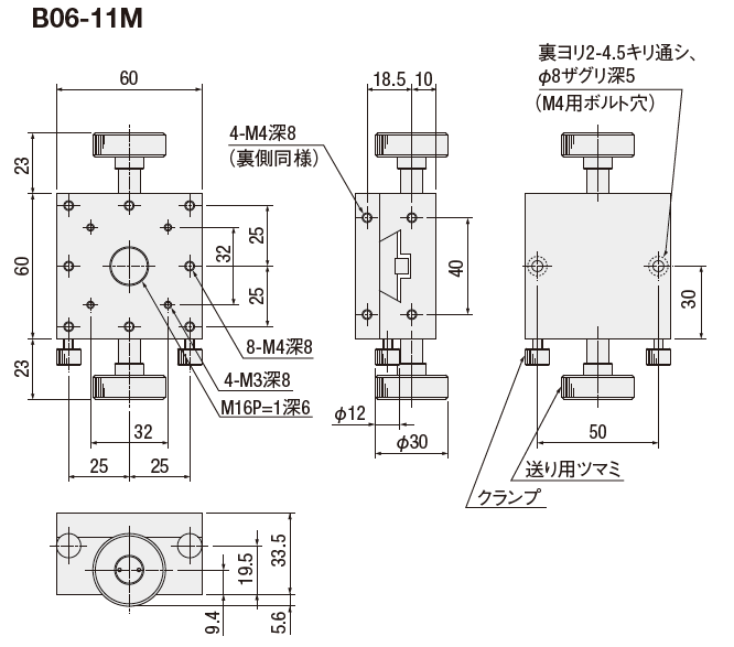 駿河精機 SURUGA SEIKI手動直動X軸平面尺寸圖 B06-11M