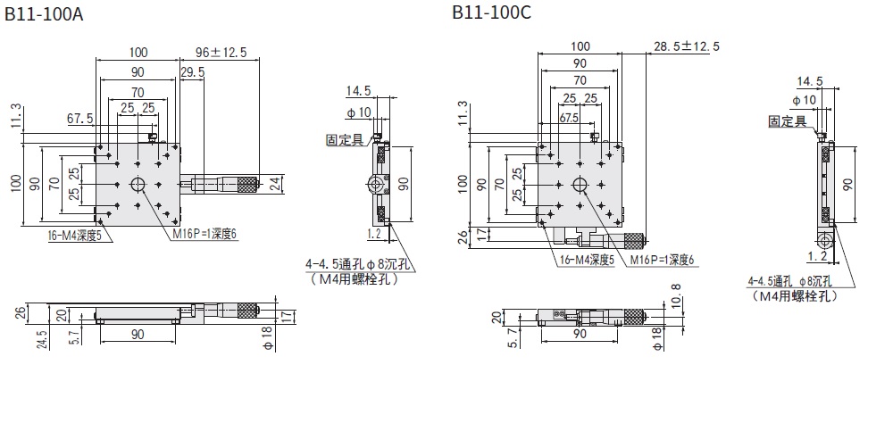 駿河精機 SURUGA SEIKI 手動直動X軸 B11系列 平面尺寸圖 B11-100A