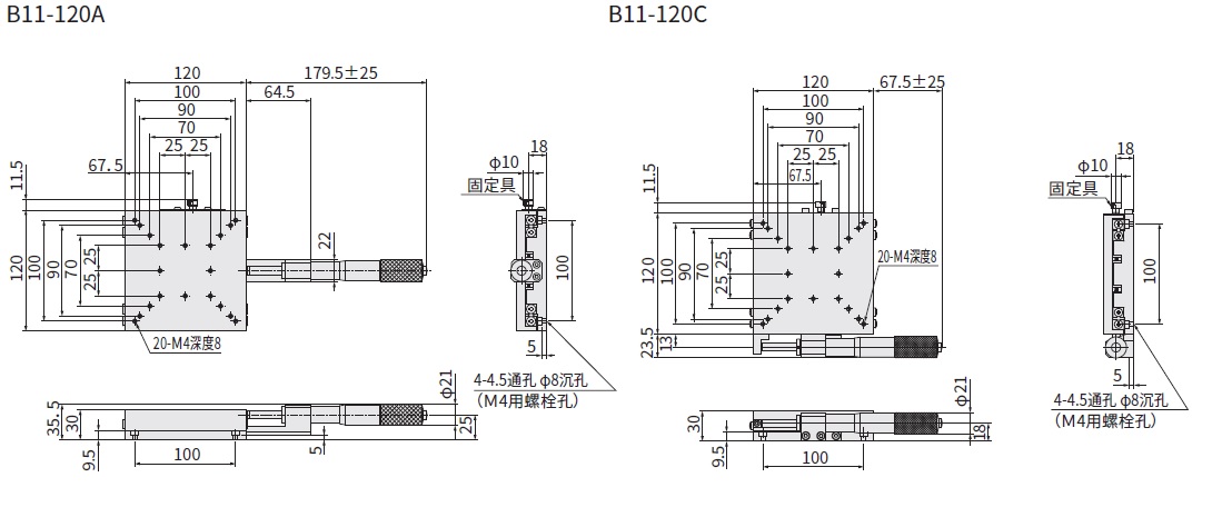 駿河精機 SURUGA SEIKI 手動直動X軸 B11系列 平面尺寸圖 B11-120A