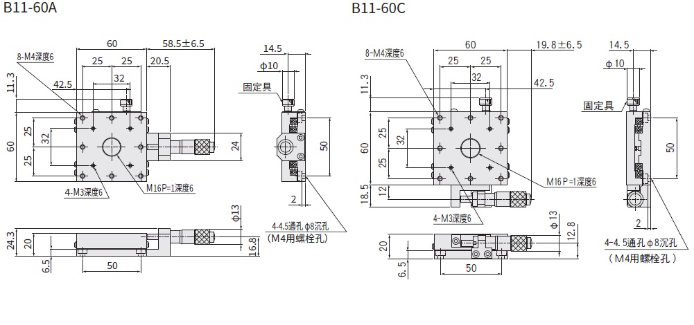 駿河精機 SURUGA SEIKI 手動直動X軸 B11系列 平面尺寸圖 B11-60A