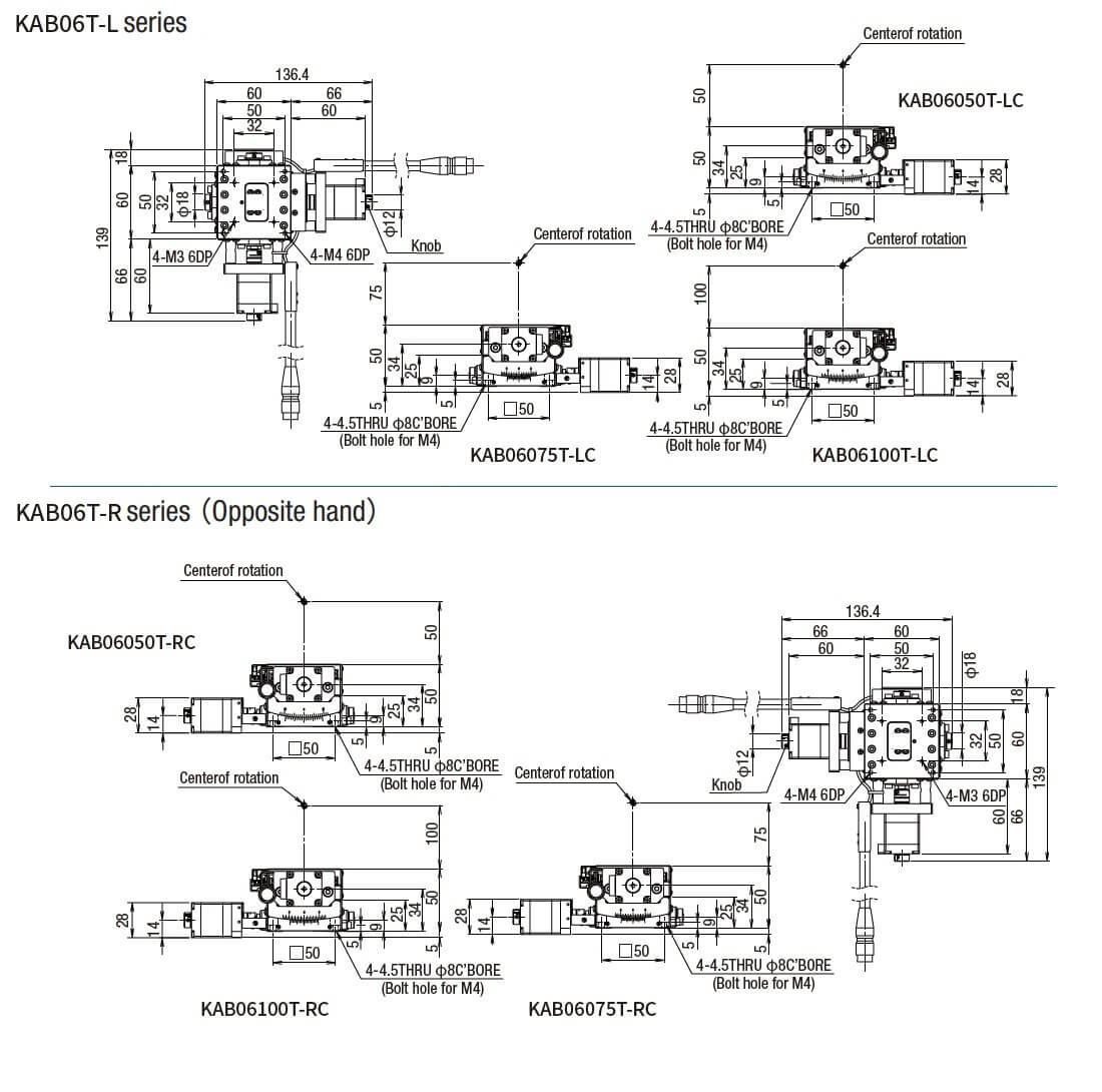 SURUGA SEIKI 駿河精機 _ 自動 2 軸傾角滑台 _ 平面尺寸圖 KAB06T-L series KAB06T-R series(Opposite hand)