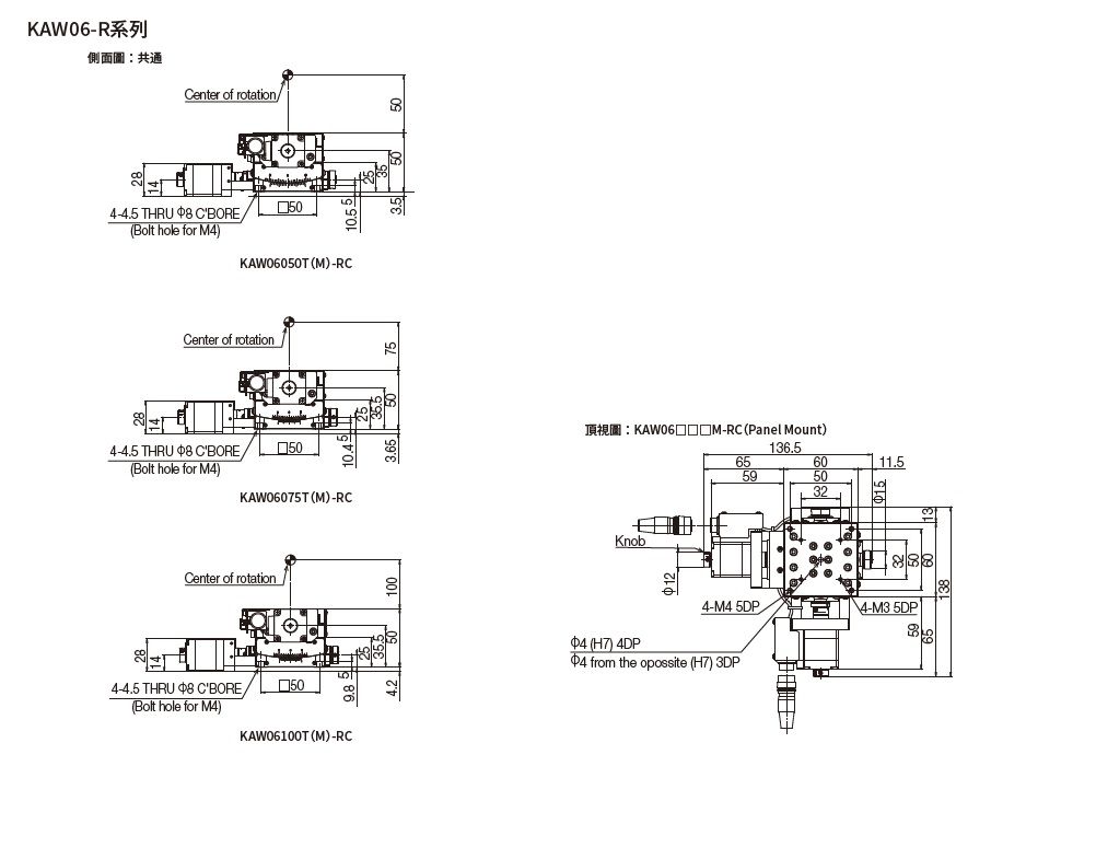 駿河精機 SURUGA SEIKI 自動傾角滑台 KAW06M-RC系列 平面尺寸圖