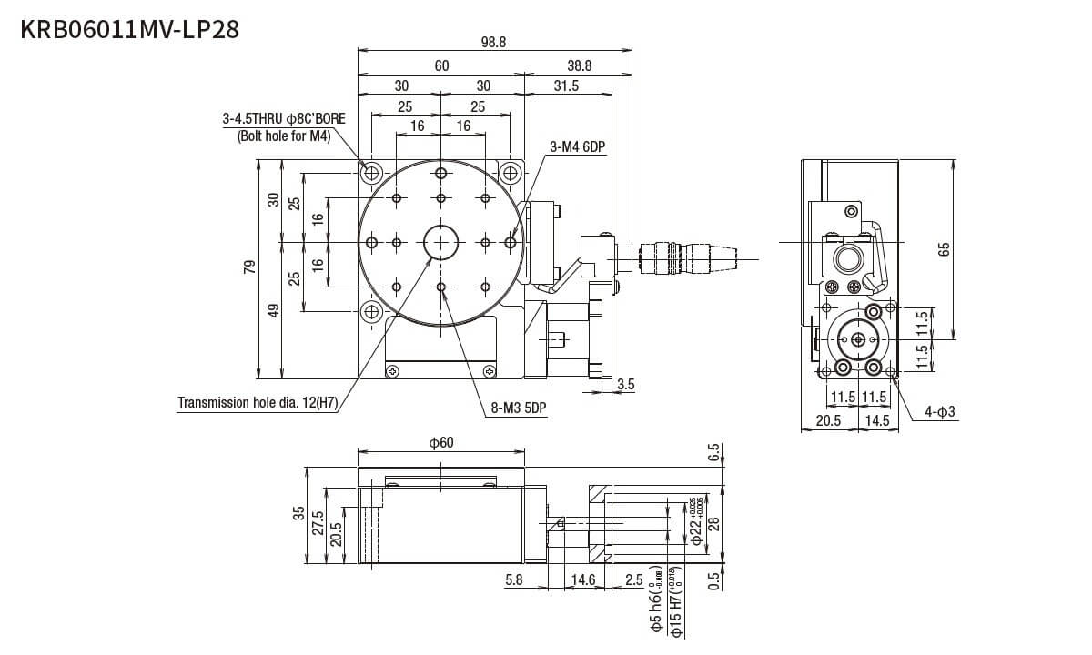 SURUGA SEIKI 駿河精機 _ 無馬達旋轉滑台 _ 平面尺寸圖 KRB06011MV-LP28
