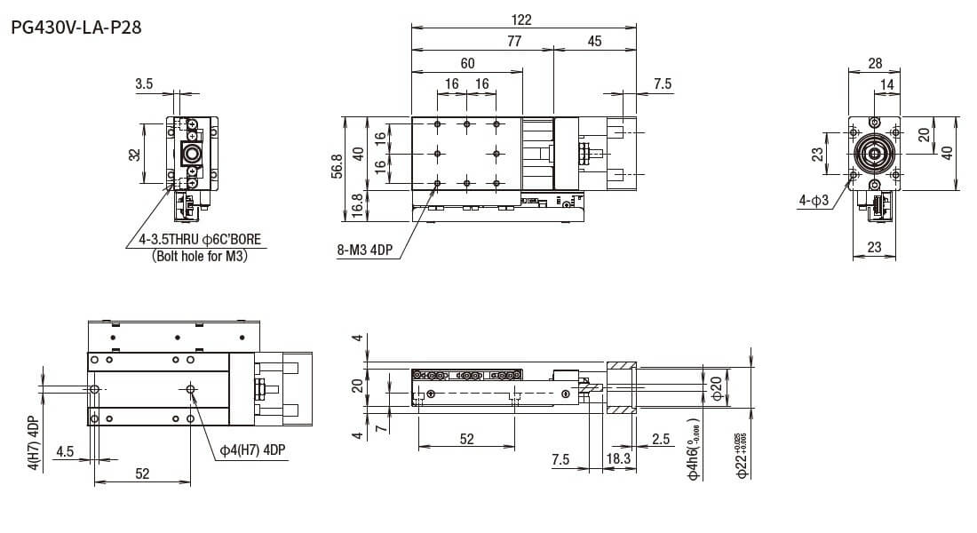 SURUGA SEIKI 駿河精機 _ 無馬達式滑台 _ 平面尺寸圖 PG430V-LA-P28