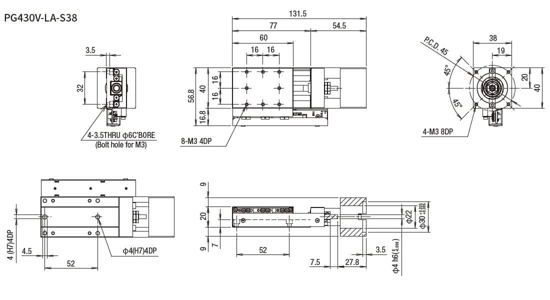 SURUGA SEIKI 駿河精機 _ 無馬達式滑台 _ 平面尺寸圖 PG430V-LA-S38