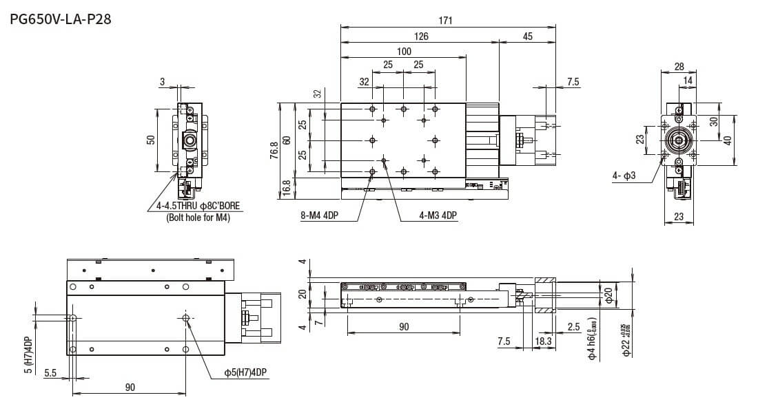 SURUGA SEIKI 駿河精機 _ 無馬達式滑台 _ 平面尺寸圖 PG650V-LA-P28