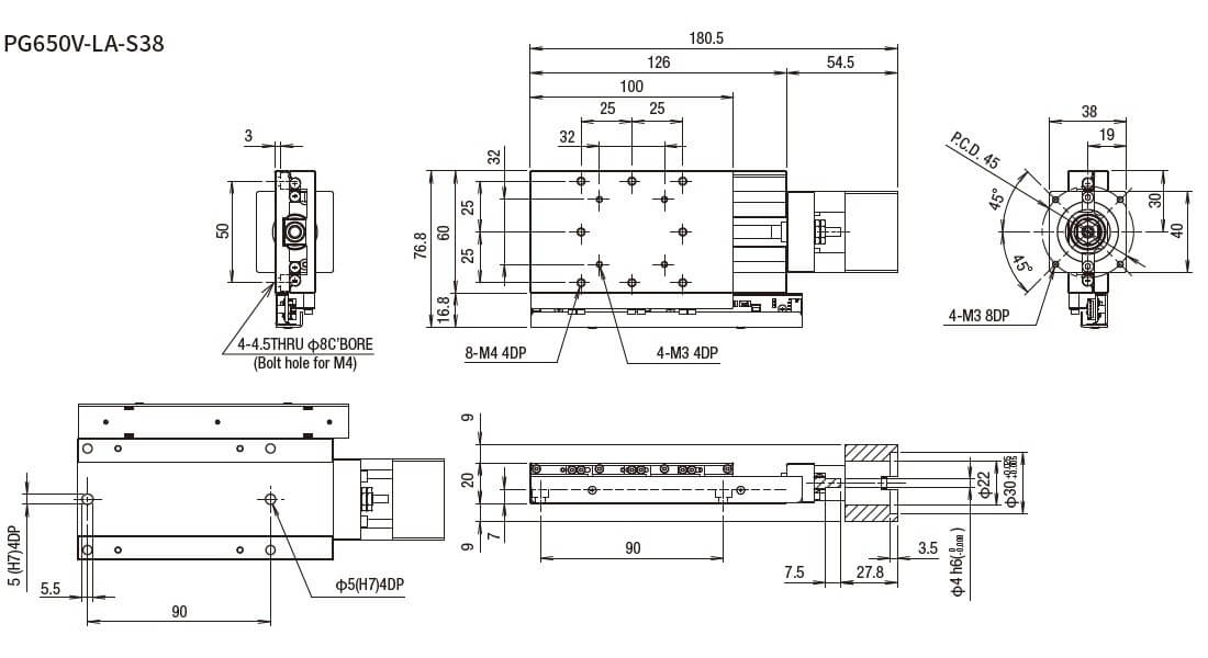 SURUGA SEIKI 駿河精機 _ 無馬達式滑台 _ 平面尺寸圖 PG650V-LA-S38