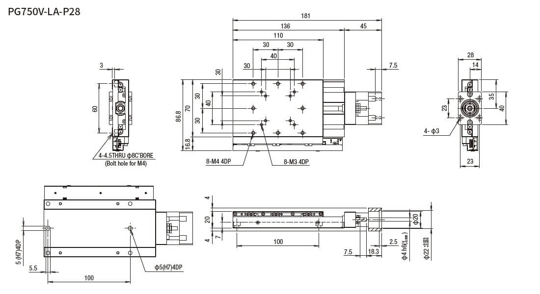 SURUGA SEIKI 駿河精機 _ 無馬達式滑台 _ 平面尺寸圖 PG750V-LA-P28
