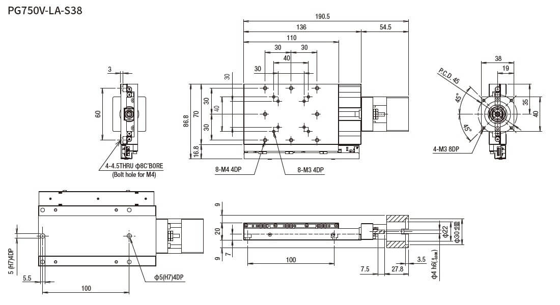 SURUGA SEIKI 駿河精機 _ 無馬達式滑台 _ 平面尺寸圖 PG750V-LA-S38
