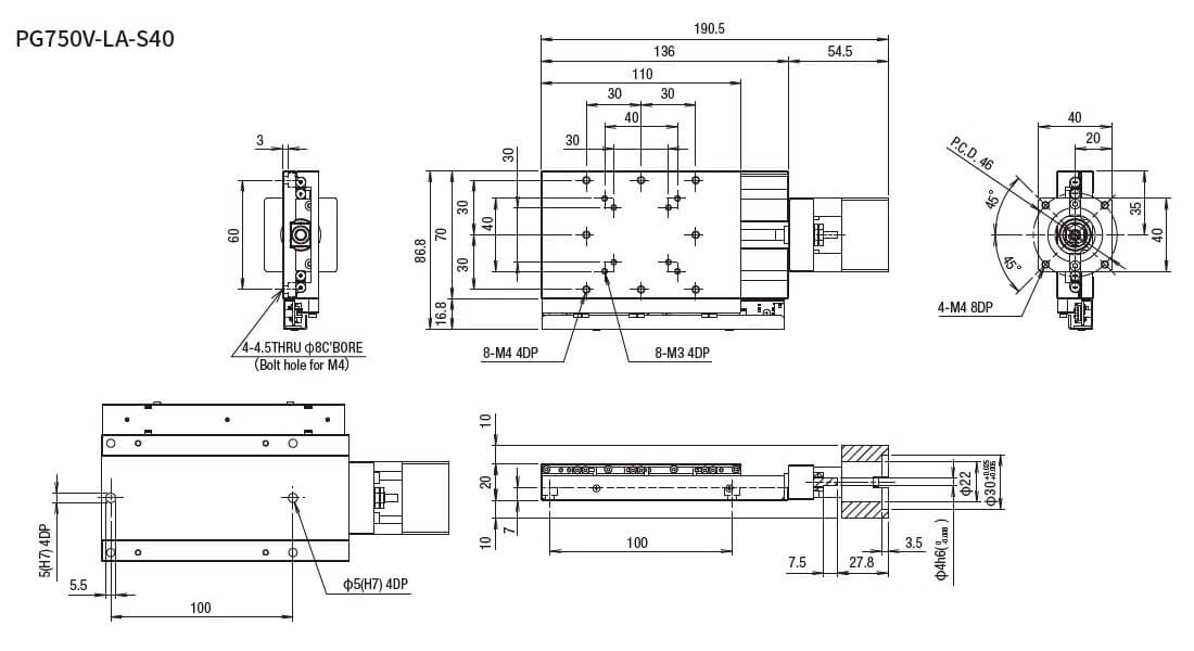 SURUGA SEIKI 駿河精機 _ 無馬達式滑台 _ 平面尺寸圖 PG750V-LA-S40