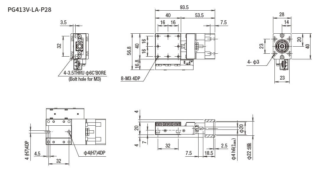 SURUGA SEIKI 駿河精機 _ 無馬達式滑台 _ 平面尺寸圖 PG413V-LA-P28