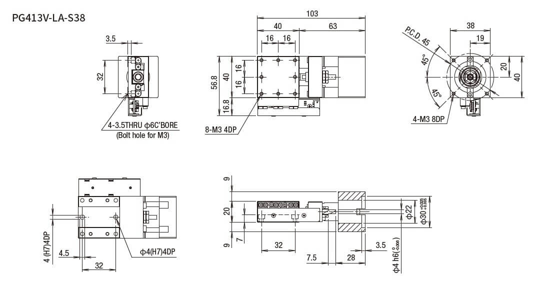 SURUGA SEIKI 駿河精機 _ 無馬達式滑台 _ 平面尺寸圖 PG413V-LA-S38