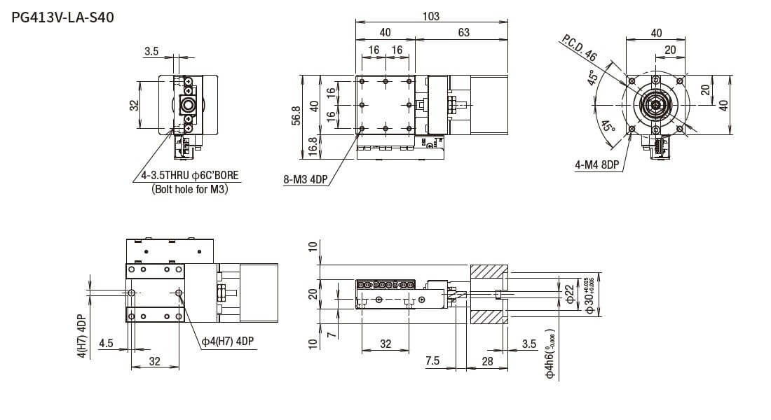 SURUGA SEIKI 駿河精機 _ 無馬達式滑台 _ 平面尺寸圖 PG413V-LA-S40