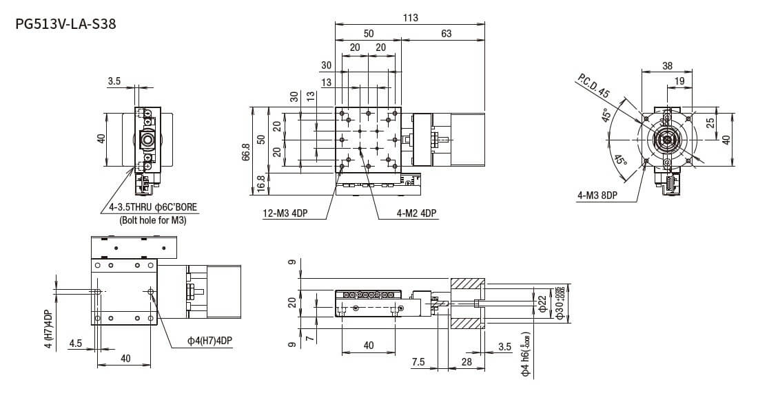 SURUGA SEIKI 駿河精機 _ 無馬達式滑台 _ 平面尺寸圖 PG513V-LA-S38