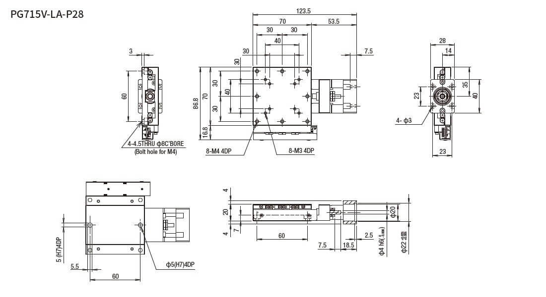 SURUGA SEIKI 駿河精機 _ 無馬達式滑台 _ 平面尺寸圖 PG715V-LA-P28