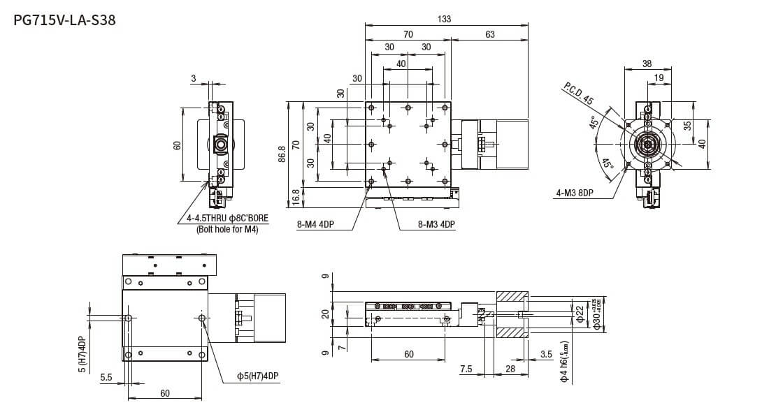 SURUGA SEIKI 駿河精機 _ 無馬達式滑台 _ 平面尺寸圖 PG715V-LA-S38