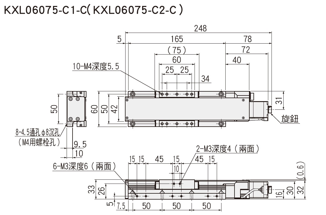 SURUGA SEIKI 駿河精機 _ 自動直動滑台 _ 自動直動X軸 _ 產品介紹CAVE-X POSITIONER KXL (遮蓋型)系列 平面尺寸圖 KXL06075-C1-C(KXL06075-C2-C)