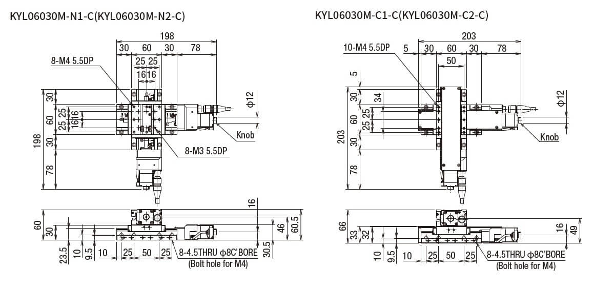 SURUGA SEIKI 駿河精機 _ 自動直動XY軸滑台 _ 平面尺寸圖 KYL06030M-N1-C(KYL06030M-N2-C)	KYL06030M-Ｃ1-C(KYL06030M-Ｃ2-C)