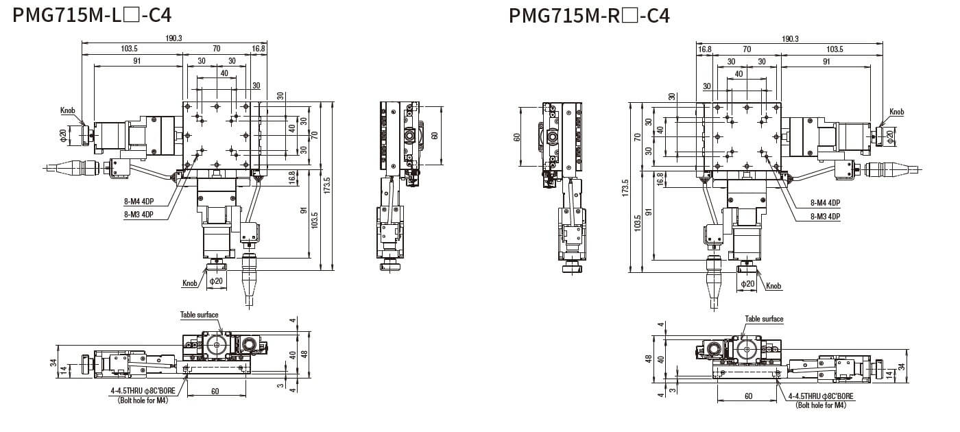 SURUGA SEIKI 駿河精機 _ 自動直動XY軸滑台 _ 平面尺寸圖 PMG715M-L☐-C4(PMG715M-R☐-C4)