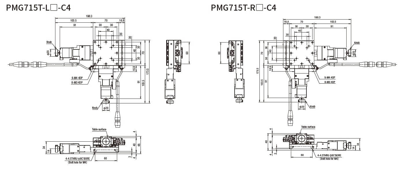 SURUGA SEIKI 駿河精機 _ 自動直動XY軸滑台 _ 平面尺寸圖 PMG715T-L☐-C4(PMG715T-R☐-C4)
