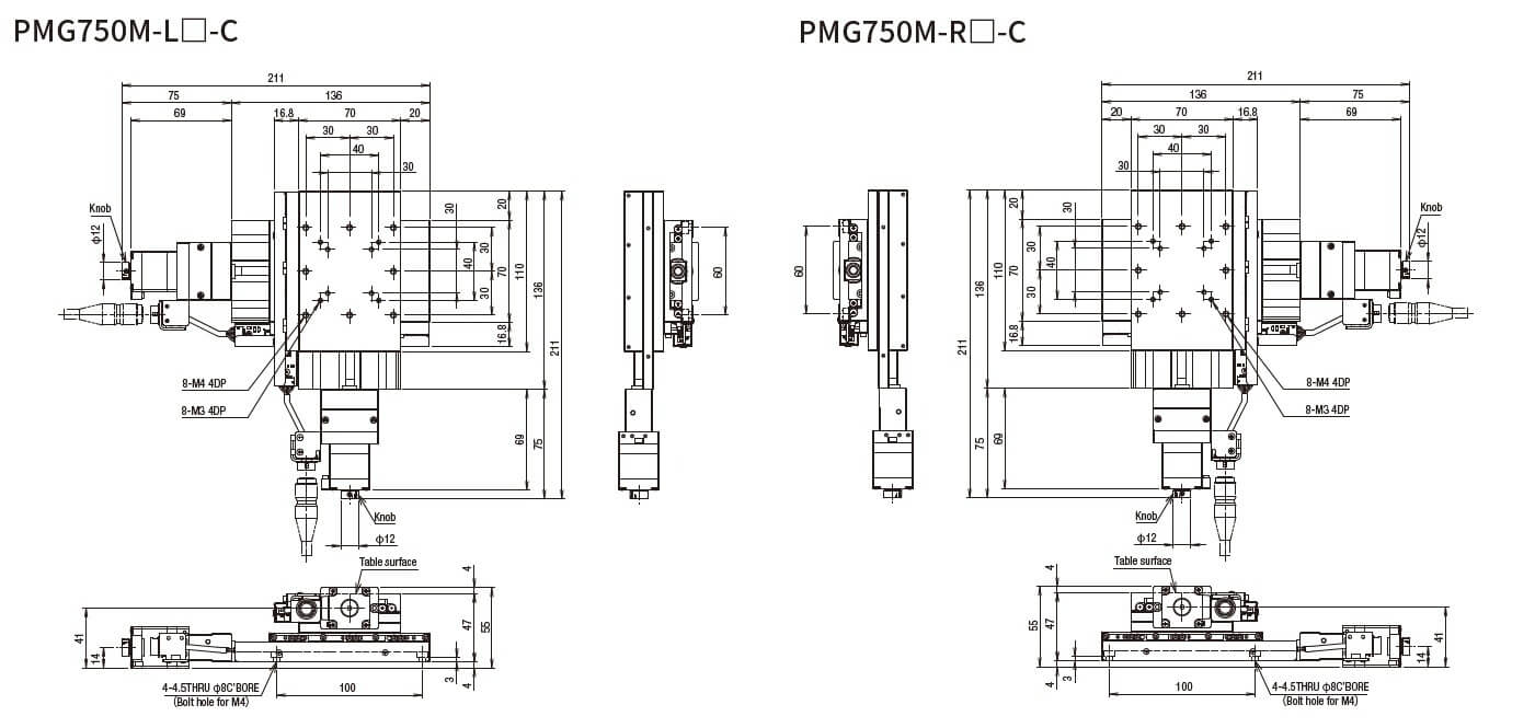 SURUGA SEIKI 駿河精機 _ 自動直動XY軸滑台 _ 平面尺寸圖 PMG750M-L☐-C(PMG750M-R☐-C)