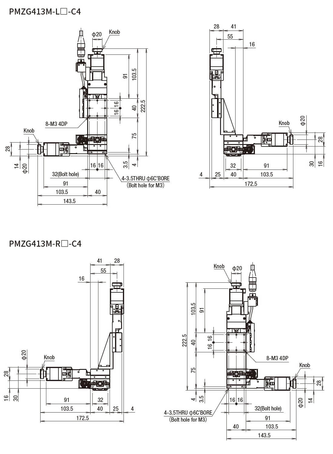 SURUGA SEIKI 駿河精機 _ 自動直動XYZ軸滑台 _ 平面尺寸圖 PMZG413M-L☐-C4(PMZG413M-R☐-C4)