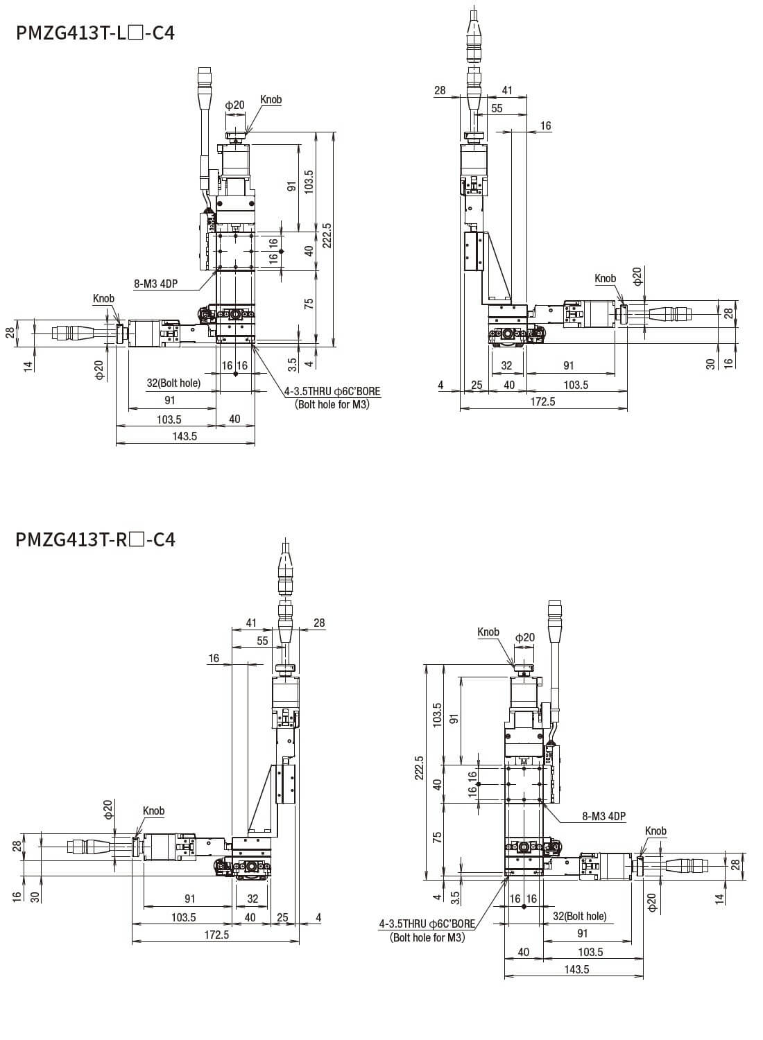 SURUGA SEIKI 駿河精機 _ 自動直動XYZ軸滑台 _ 平面尺寸圖 PMZG413T-L☐-C4(PMZG413T-R☐-C4)