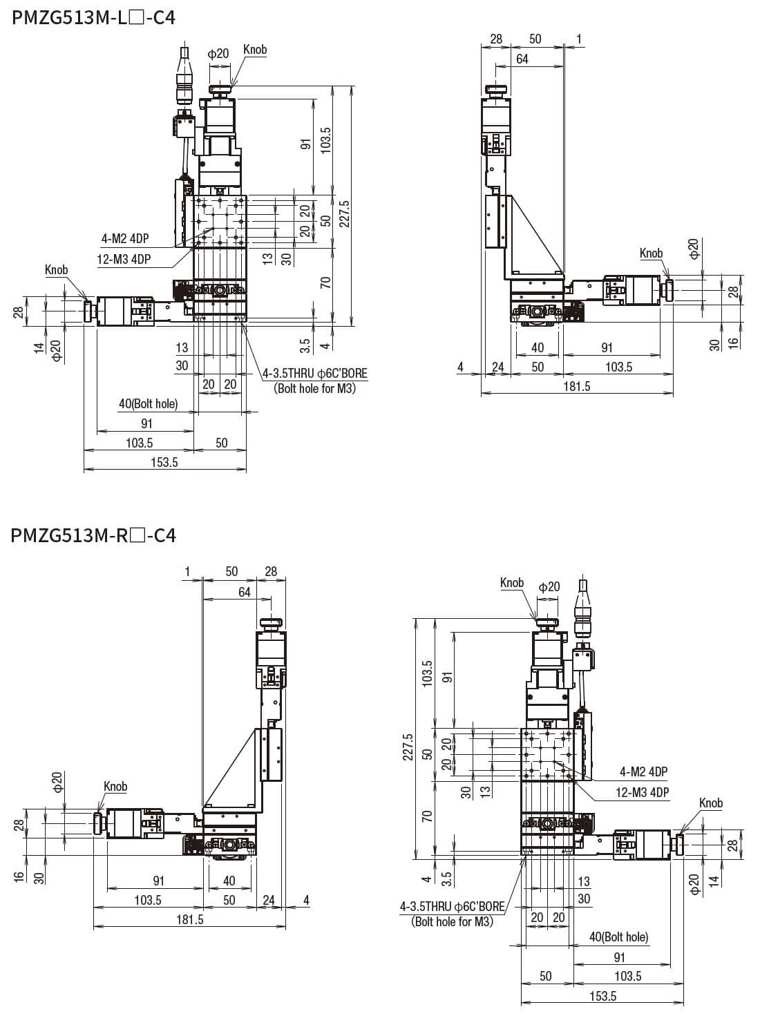 SURUGA SEIKI 駿河精機 _ 自動直動XYZ軸滑台 _ 平面尺寸圖 PMZG513M-L☐-C4(PMZG513M-R☐-C4)