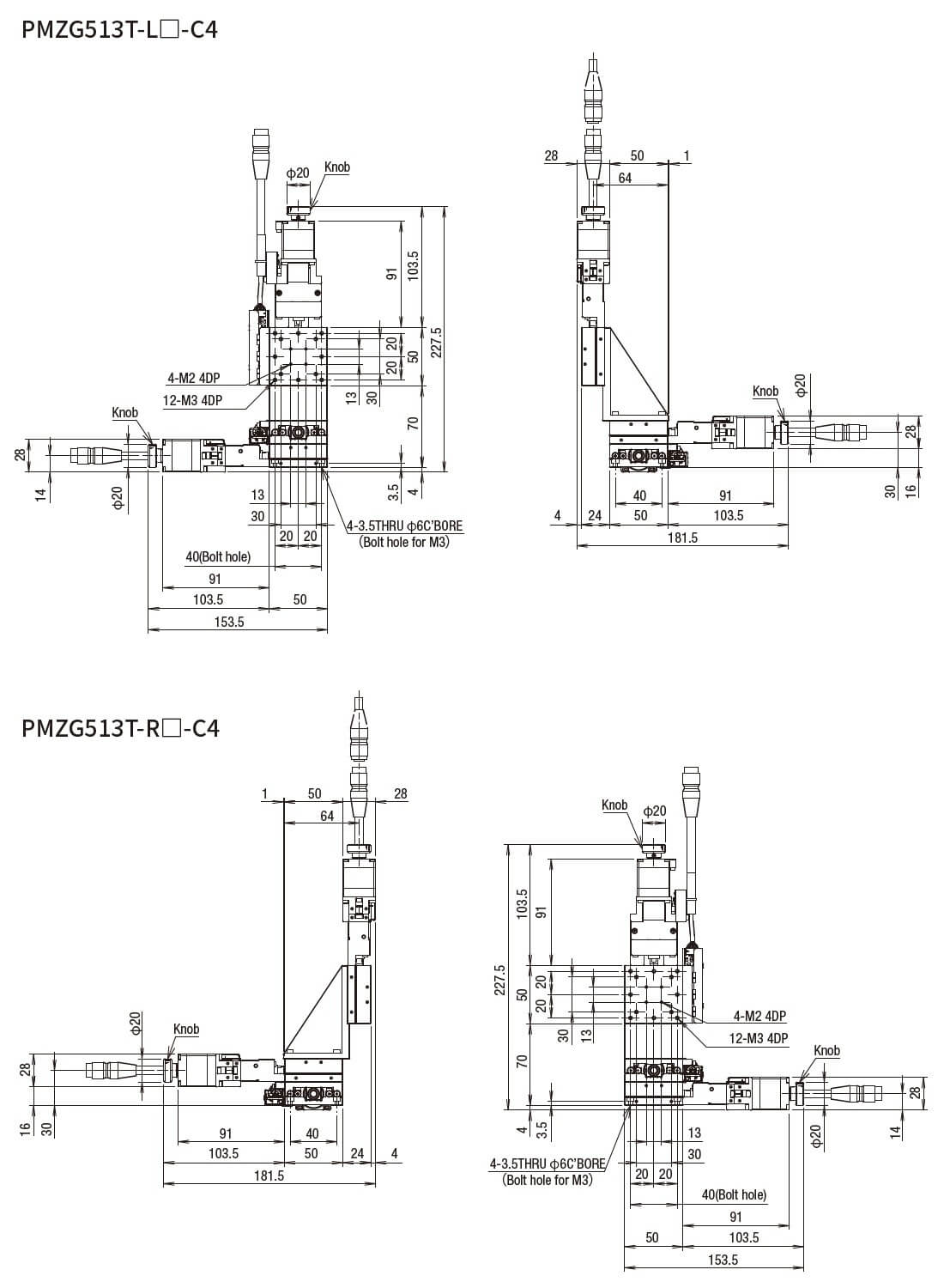 SURUGA SEIKI 駿河精機 _ 自動直動XYZ軸滑台 _ 平面尺寸圖 PMZG513T-L☐-C4(PMZG513T-R☐-C4)