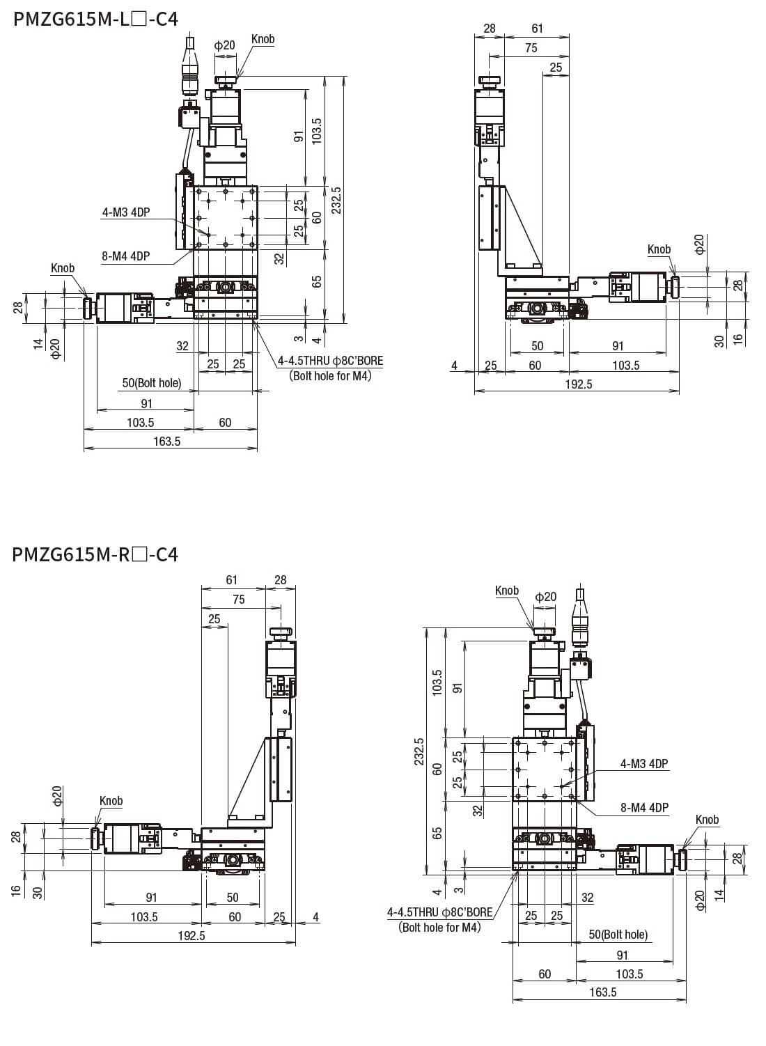 SURUGA SEIKI 駿河精機 _ 自動直動XYZ軸滑台 _ 平面尺寸圖 PMZG615M-L☐-C4(PMZG615M-R☐-C4)