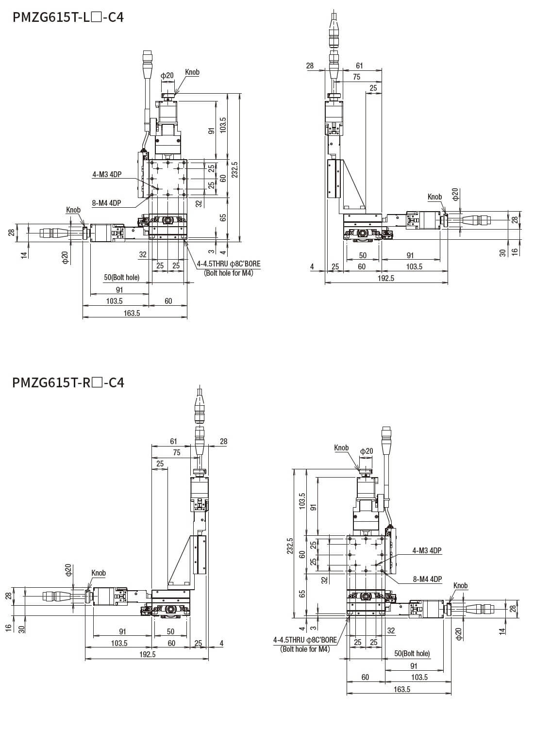 SURUGA SEIKI 駿河精機 _ 自動直動XYZ軸滑台 _ 平面尺寸圖 PMZG615T-L☐-C4(PMZG615T-R☐-C4)