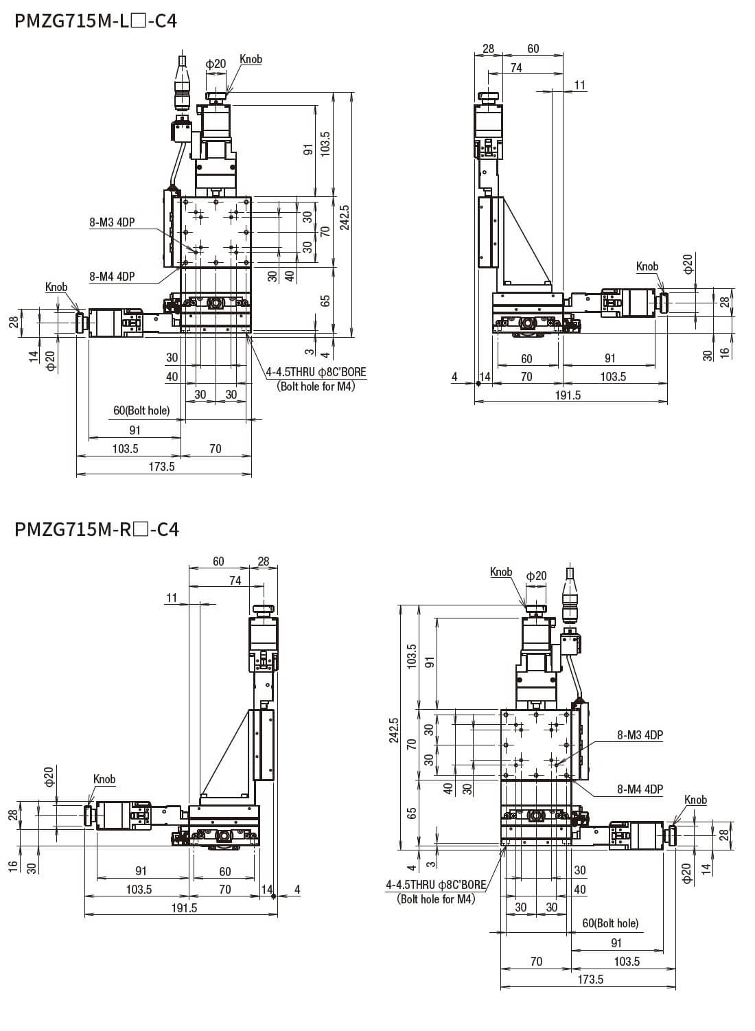 SURUGA SEIKI 駿河精機 _ 自動直動XYZ軸滑台 _ 平面尺寸圖 PMZG715M-L☐-C4(PMZG715M-R☐-C4)