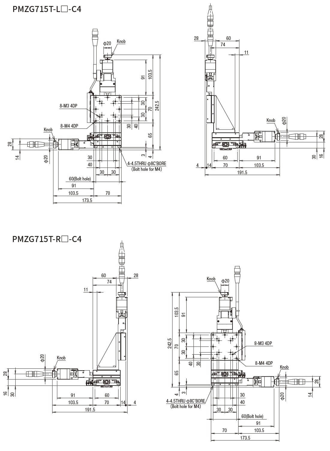 SURUGA SEIKI 駿河精機 _ 自動直動XYZ軸滑台 _ 平面尺寸圖 PMZG715T-L☐-C4(PMZG715T-R☐-C4)
