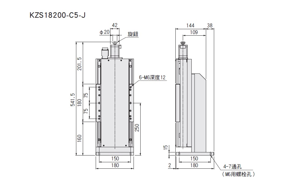 SURUGA SEIKI 駿河精機 _ 自動直動滑台 _ 自動直動Z軸 _ 產品介紹KZS (遮蓋型)系列 KZS18200-C5-J 平面尺寸圖 