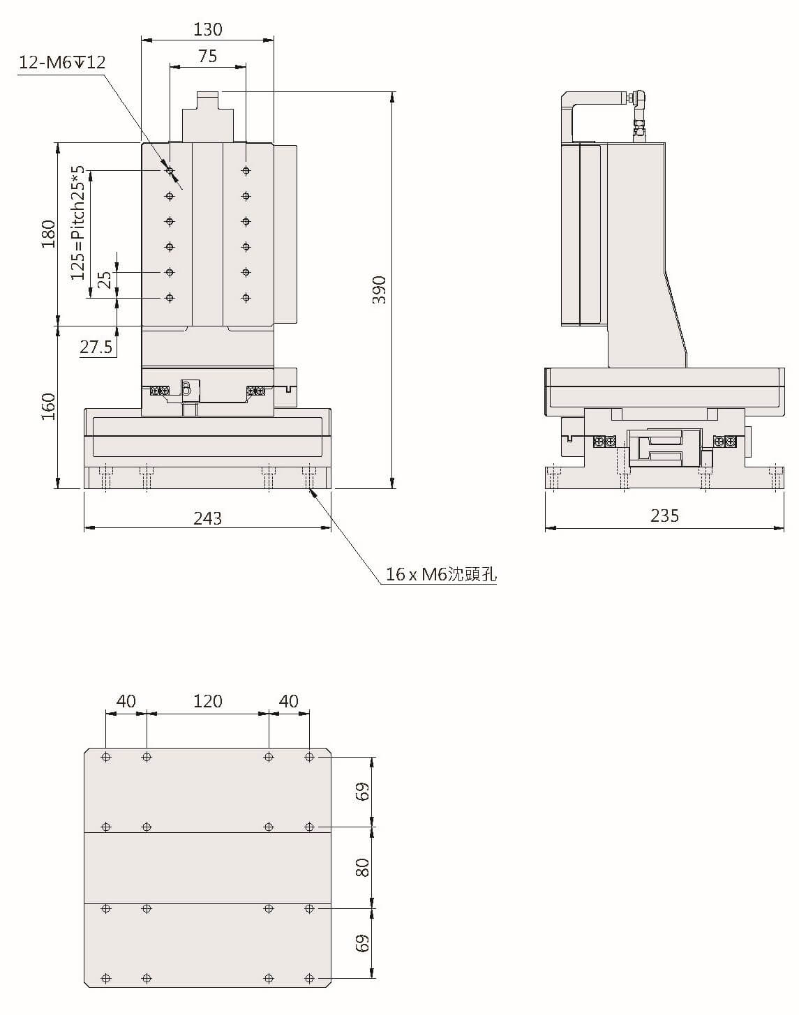 XYZ 微型線性馬達平台 MCRB-XY105Z5平面尺寸圖